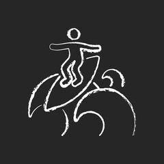 Floater surfing technique chalk white icon on dark background. Ride over breaking wave top. Performing advanced manoeuvre. Traveling atop wave crest. Isolated vector chalkboard illustration on black