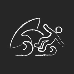 Surf wipeout chalk white icon on dark background. Being thrown off surfboard by breaking waves. Lead to broken boards, injuries. Losing consciousness. Isolated vector chalkboard illustration on black - obrazy, fototapety, plakaty
