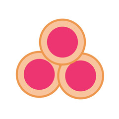 Round cookies stuffed with pink jam on an isolated background. Appetizer or dessert. Flat design element. Unhealthy food. Illustration.