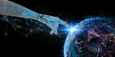 Robot hand connect to control global futuristic network technology for monitor command control to make a better life of human by integrate of5g ai artificial intelligence data analysis machine learn