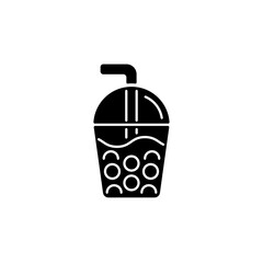 Bubble tea black glyph icon. Black tea with milk, ice and chewy tapioca pearls. Boba drink. Common dessert creamy topping. Silhouette symbol on white space. Vector isolated illustration
