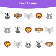 Educational game for children. Find two same. Animal faces. Chimp, zebra, elephant, lion, rhino. Printable page for kindergarten and preschool.