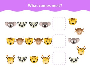 What comes next. Printable worksheet  for kindergarten and preschool. Educational game for toddlers with animal faces.Children activity page.