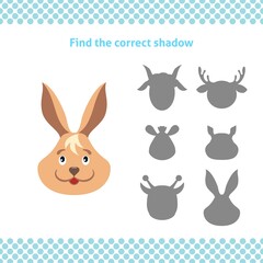 Find the correct shadow.  Printable worksheet. Educational game for toddlers with bunny face. It can be used for kindergarten and preschool. Children activity page. 