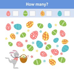 How many. Printable worksheet. Educational game for toddlers with bunny and Easter eggs. It can be used for kindergarten and 
preschool. Children activity page.