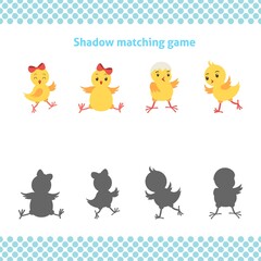 Shadow matching printable worksheet. Educational game for toddlers with cute chickens. It can be used for kindergarten and preschool. Children activity page.