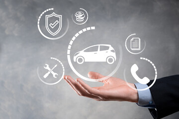 Digital composite of Man holding car icon.Car automobile insurance and car services concept. Businessman with offering gesture and icon of car