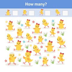 How many. Printable worksheet. Educational game for toddlers with cute chickens. It can be used for kindergarten and preschool. Children activity page.