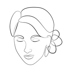 Close-up woman's head with closed eyes and a modest smile, line drawing on white isolated background