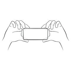 Man makes a video on the phone, hands close-up, line drawing on white isolated background