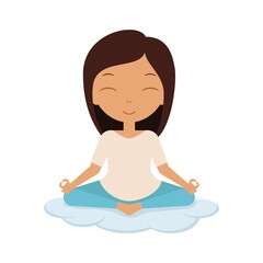 Dark-haired girl sits in lotus position on cloud. Yoga pose. Asana