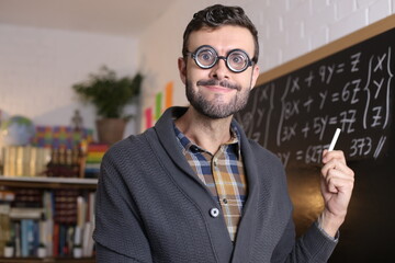 Math teacher with thick eyeglasses 
