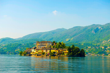 Island of San Giulio on Lake Orta in a Sunny Day in in Piedmont, Italy.