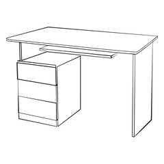 Computer desk line drawing on white isolated background