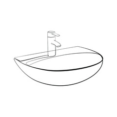 Bathroom sink with tap one line drawing on white isolated background