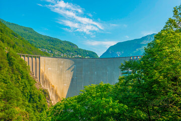Water Dam in a Sunny Day in Valley Verzasca in Ticino, Switzerland.