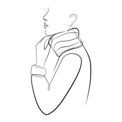 Young woman straightens the collar of her sweater with her hand, line drawing on white isolated background