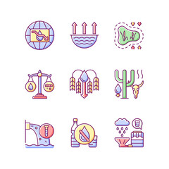 Water resources lacking RGB color icons set. Isolated vector illustrations. Water scarcity. Evaporation. Disappearing wetlands. Rational consumption simple filled line drawings collection