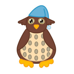 Adorable sleepy owl in sleeping cap. Vector illustration isolated on white background. Design element