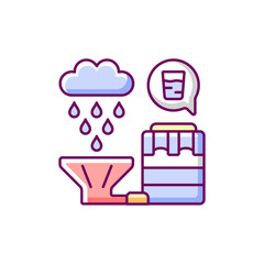 Recycling rainwater RGB color icon. Isolated vector illustration. Collecting rainfall from roof and storing in tanks. Natural resource conservation. Harvesting rain water simple filled line drawing