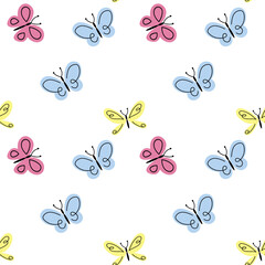 Seamless vector pattern with butterflies in pastel colors on a white background. Minimalistic endless ornament.