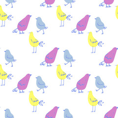 Minimalistic vector seamless pattern with spots and lines abstract  birds on a white background.