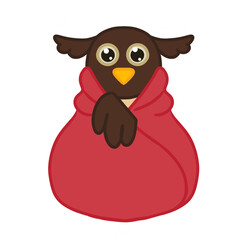 Cute and funny owl wrapped in blanket. Illustration isolated on white background. Vector image