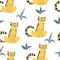 Fototapeta na wymiar Seamless pattern with tigers, plants. colorful vector for kids. hand drawing, flat style. baby design for fabric, print, textile, wrapper