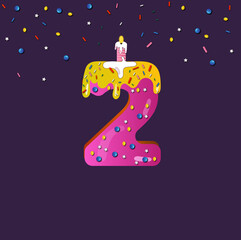 2 year anniversary. Birthday card. Invitation.Birthday cake font number  with candle.Vector Illustration.