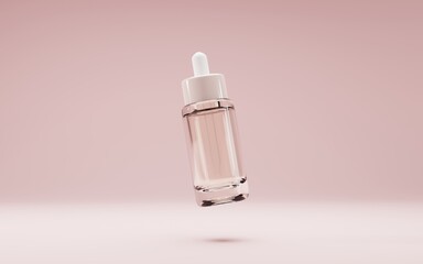 Glass dropper bottle cosmetic oil or serum mock up banner. Realistic vial with pipette for medical drops, clear container collagen essence on isolated beige background, product ad 3d illustration