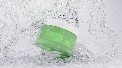 Natural cosmetics bottle in splash water mock up banner. Beauty skincare cosmetic aloe vera, green jar cream, container serum on clear aqua background with drops, product ad. Realistic 3d illustration