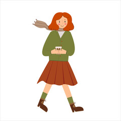 A girl in autumn clothes is walking with coffee. Vector flat woman isolated on white background.