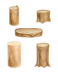 Watercolor wood stumps set. Hand drawn tree stubs, wooden slice isolated on white. Rustic decoration, natural eco style design