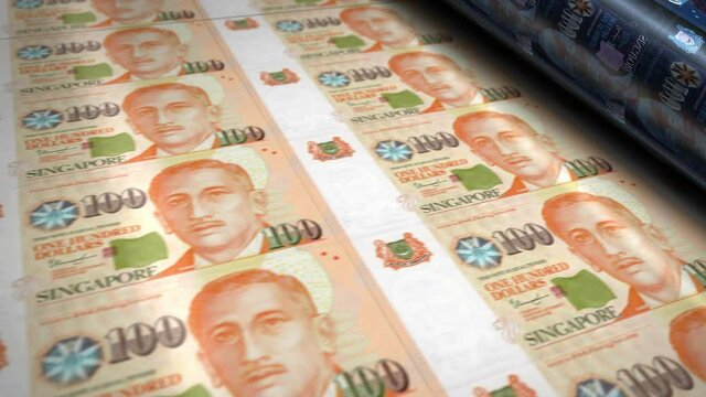 Singapore Dollar money banknotes printing roll machine. Paper THB bank note print 3d looping seamless. Abstract concept of banking, debt, income, finance, economy and crisis.