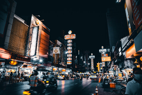 Chinatown streets at night during covid in Bangkok, Thailand