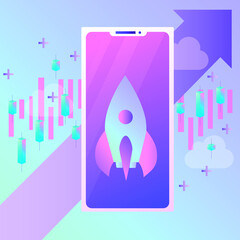 A rocket flying up on the screen of a smartphone phone. Stock candlesticks and charts with clouds on the background. Missions and achievement of goals on the exchange. For design, social networks and 