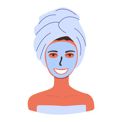 Flat vector cartoon illustration of a woman with a towel on her head and a mask on her face. Isolated design on a white background.