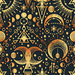 Vector illustration, Alchemy, magical astrology, spirituality and occultism, Handmade, seamless pattern, print on t-shirt, dark green  background