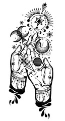 Vector illustration, magical astrology, Alchemy, spirituality and occultism, magic symbol in hands, Handmade, print on t-shirt, tattoo