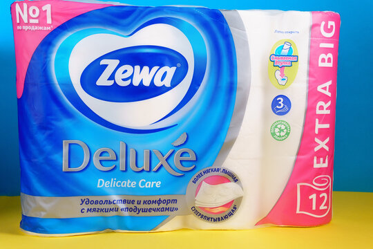 Tyumen, Russia-april 17, 2021: Zewa delux toilet paper logo. Close-up