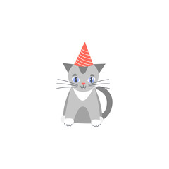 Cute kitten in a festive hat. Vector image on white background. Cat at a birthday party. Illustration for textiles in flat cartoon style. Isolated. Print for children clothing card textiles tableware
