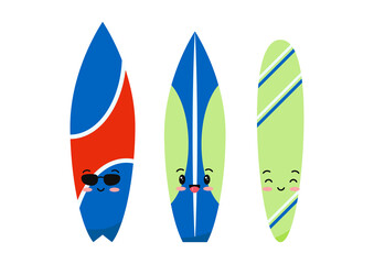 Surfboard emoji set isolated on white background. Happy  surf boards for summer sea and ocean sport activity. Flat design kawaii cartoon style vector character clip art illustration.