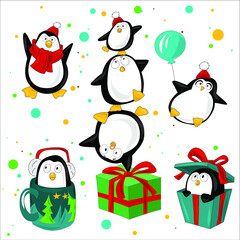 Funny christmas penguins vector characters. Set of penguin animal with ice cream and fishing illustration
