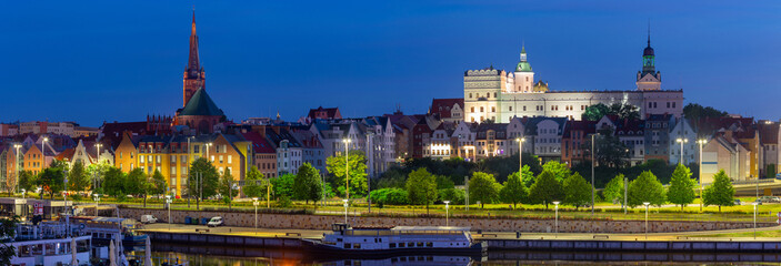 Szczecin. Panorama of the city embankment in the early morning.