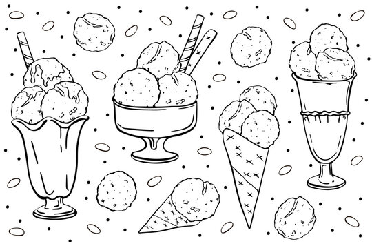 Illustration set hand drawing Ice cream in glass vases and waffle cones isolated on white background.