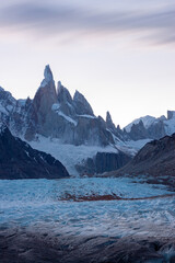 Fototapeta na wymiar Cerro Torre and glacier mountain peak. Los glaciares National Park, El Chalten, Patagonia Argentina. Scenic landscape. South america best travel destination for climbing and hiking in the mountains.