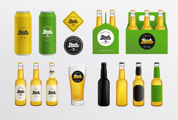 Craft Beer logo and set of glass bottle mockup, Tin Can, packaging box. Beer shop and Pub Branding  mockup set with vintage lettering beer logo. Vector template