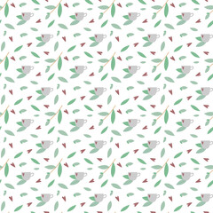 Seamless pattern consisting of cute tea cups, tea leaves and hearts