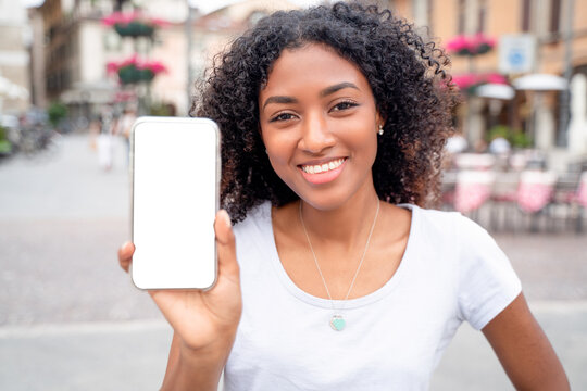 One Black Woman Showing Empty Withe Mobile Phone Display