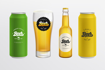 Vintage beer logo and set of glass bottle, Tin Can mockup. Beverage package design. Beer shop and Pub Branding  mockup set. Vector template